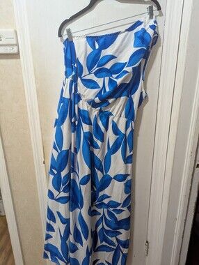 Shein XL One-Shoulder White Maxi Dress with Blue Leaf Print